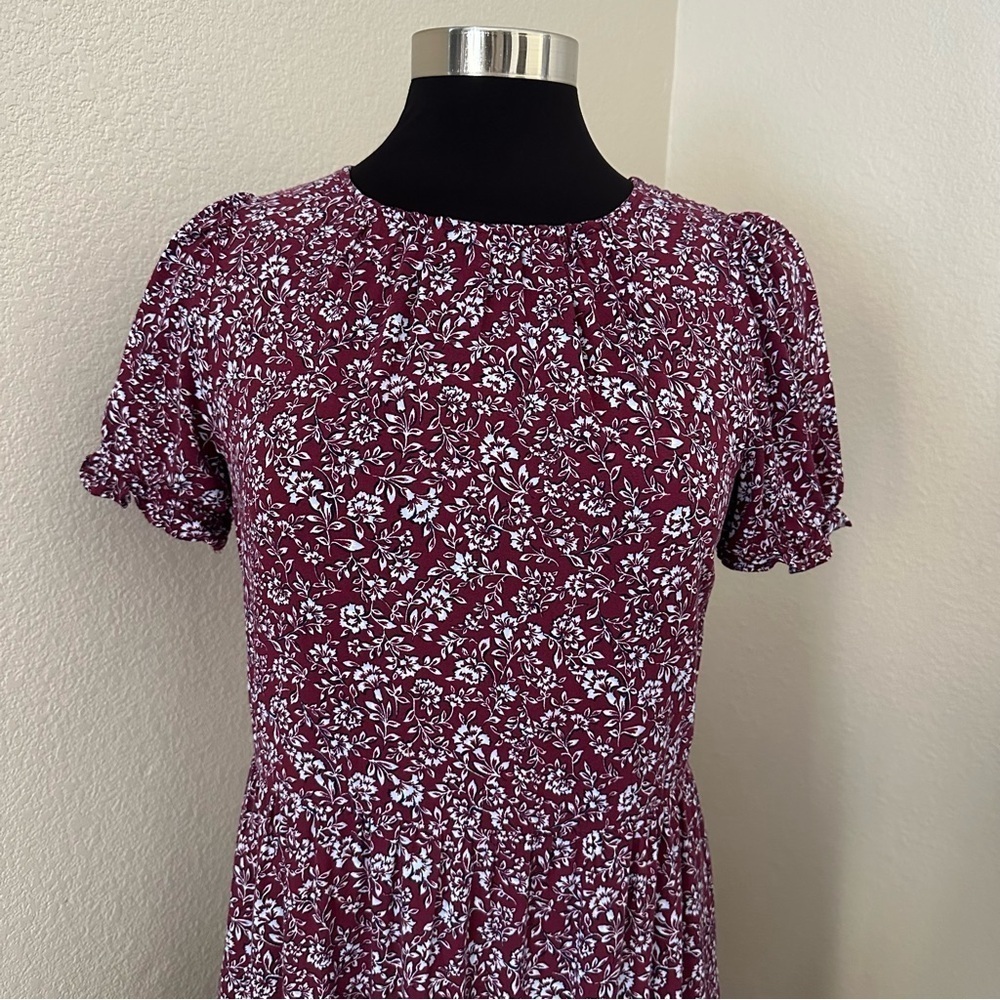 J. Crew Burgundy Floral tiered Puff Sleeve Midi Dress Size XS - Picture 4 of 16